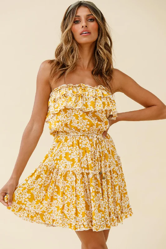 Limited Styles Raquel Strapless Layered Dress Floral Print Mustard