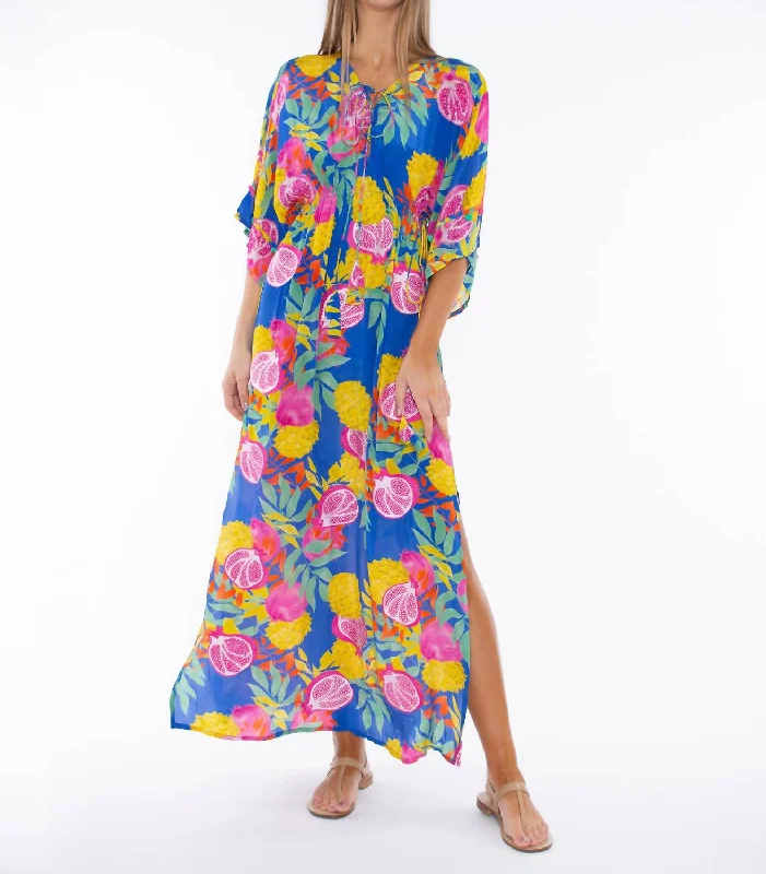 Budget-Friendly Fashion Athens Pomegranate Kaftan Maxi Dress In Blue Pomegranate