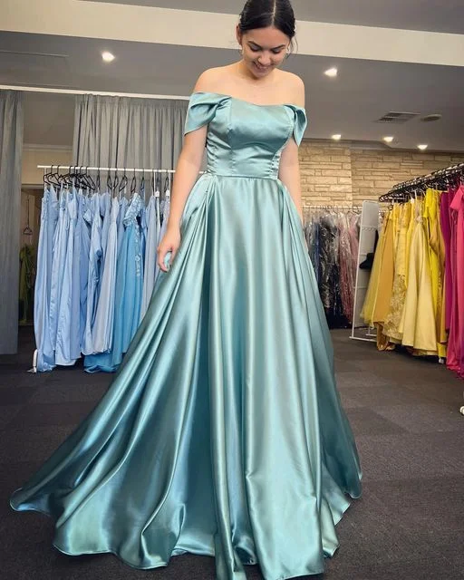 Great Prices On Feminine Styles Elegant Turquoise Off-the-Shoulder A-Line Prom Gown Y4795