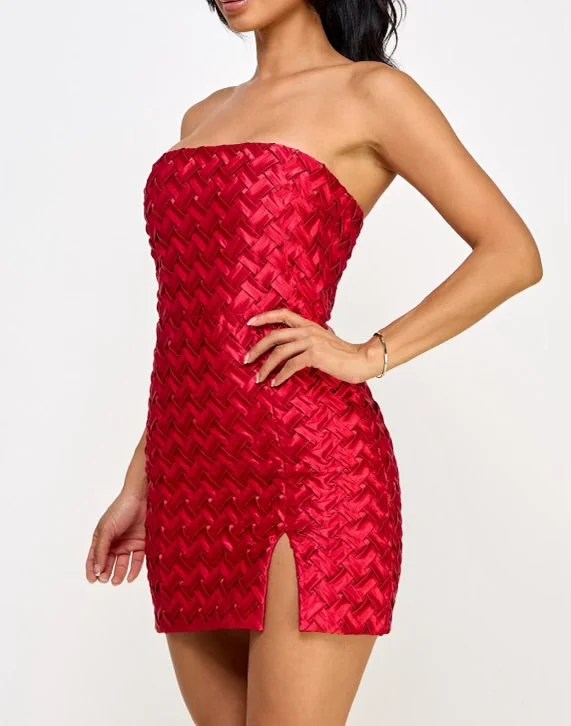 Unbeatable Prices Red Satin Thick Woven Mini Dress- Stretchy,Estira