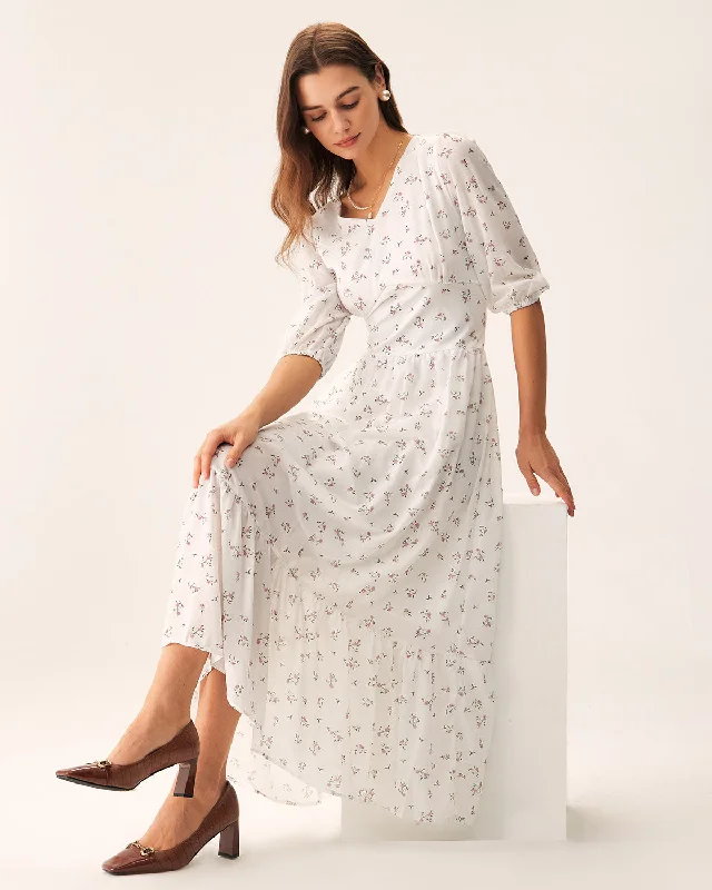 Chic Outfits White Floral Flowy Maxi Dress