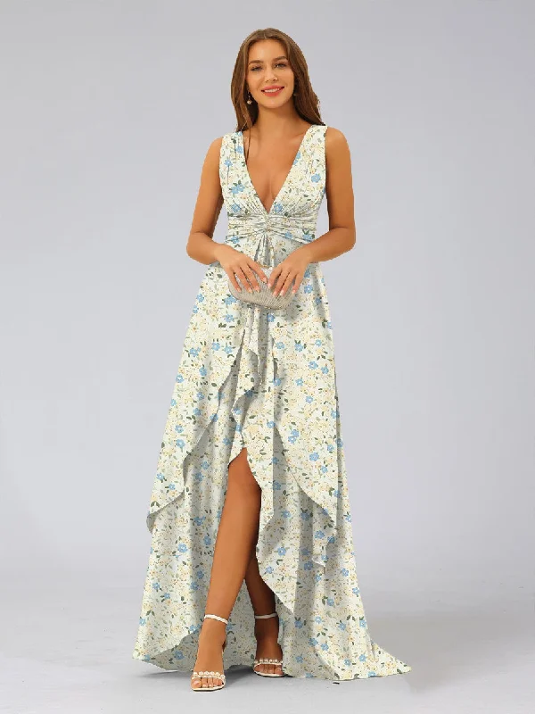 Hot Styles A-Line/Princess Plunging V-Neck Sleeveless Tiered Floral Bridesmaid Dresses