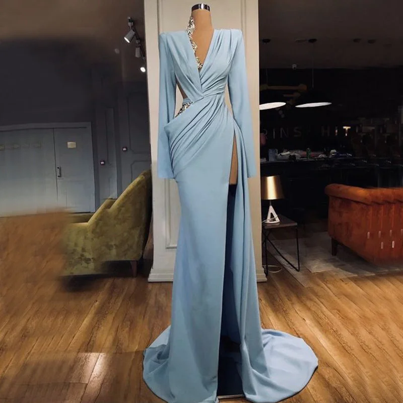 Save On Classic Elegant Styles Charming Dusty Blue Long Sleeves V-Neck Mermaid Prom Dresses PD2362