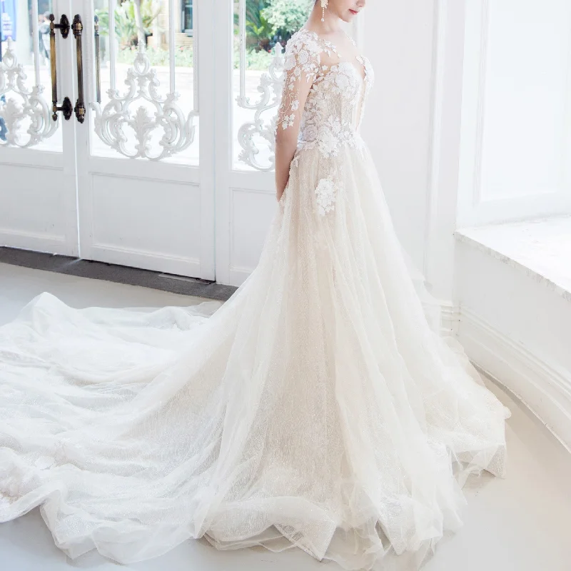 Budget-Friendly Fashion Simple A-line Sheer Long Sleeves Wedding Dress with Floral Lace