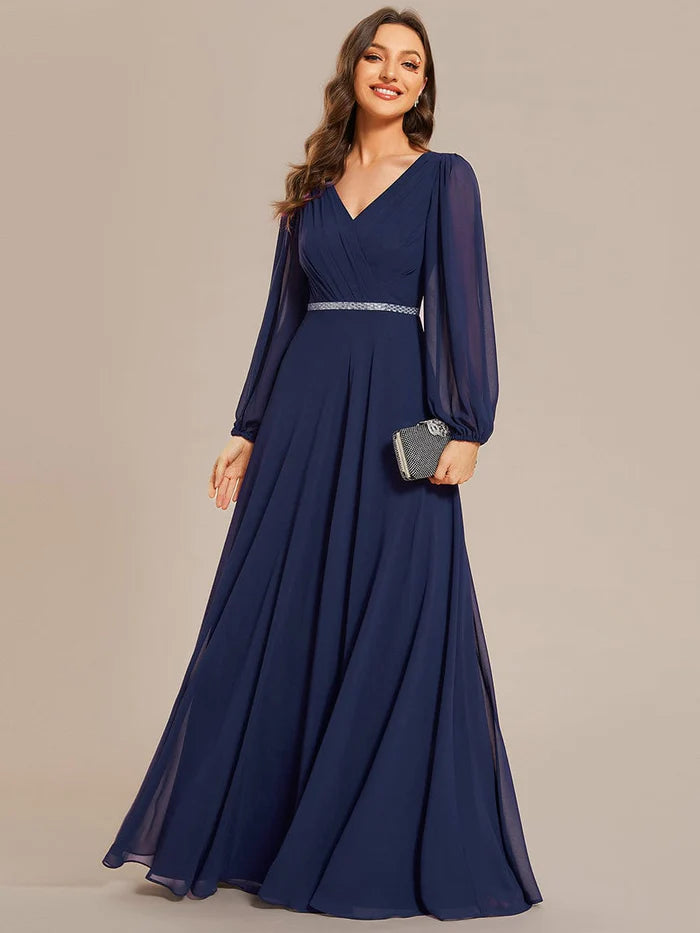 Parisian Effortless Chic Style Pleated Double V-Neck Long Sleeves Shiny Belt Chiffon Evening Dress