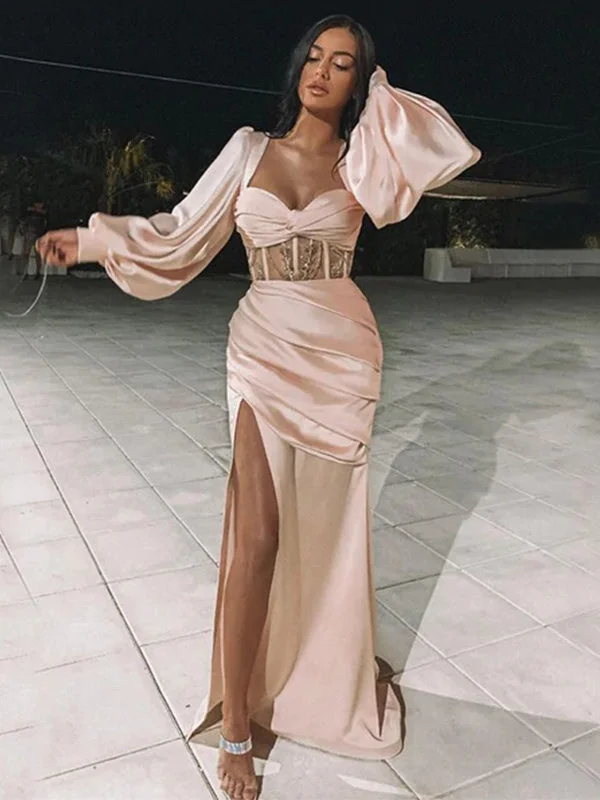 Cottagecore Rustic Charm Style Blush Pink Square-neck Sweetheart Long Sleeves Side-slit Mermaid Long Prom Dress, PD3230