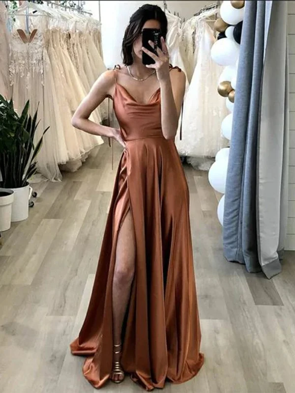 Seasonal Sale Elegant Brown Satin Long Prom Dresses with High Slit, Long Brown Formal Graduation Evening Dresses SP2307