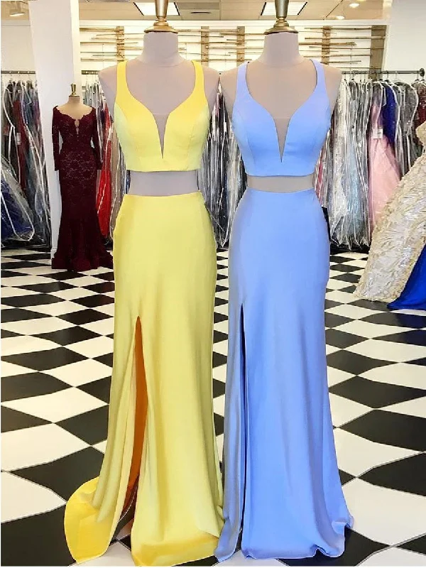 Latest Trends Simple Blue/Yellow Mermaid Two Pieces Satin Long Prom Dresses with Leg Slit, Two Pieces Blue/Yellow Formal Dresses, Evening Dresses