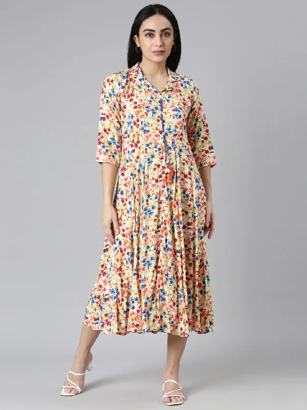 Big Savings Neerus Yellow Flared Casual Floral Fit and Flare Dresses