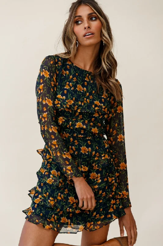 Parisian Effortless Chic Style Charmaine Long Sleeve Tiered Frill Dress Floral Print Navy