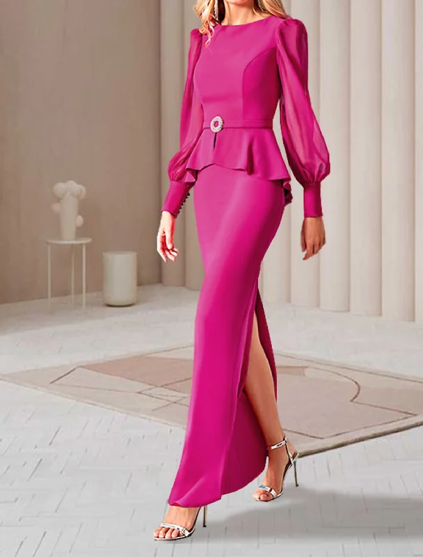 Now On Sale For Chic Urban Styles Sheath / Column Mother of the Bride Dress Elegant Jewel Neck Ankle Length Chiffon Long Sleeve with Ruffles Split Front Crystal Brooch