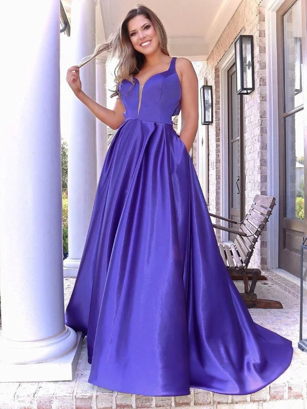 Clearance Event A Line V Neck Purple Satin Long Prom Dresses with Pocket, V Neck Purple Formal Graduation Evening Dresses SP2317