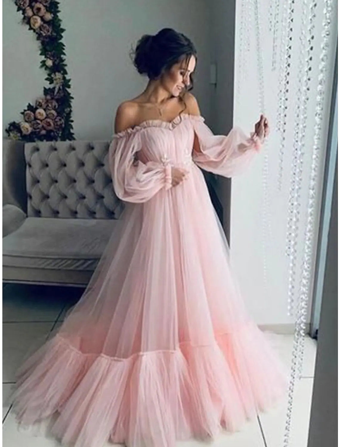 Coastal Beach - Inspired Style A-Line Minimalist Elegant Engagement Prom Dress Off Shoulder Long Sleeve Floor Length Tulle with Pleats Appliques