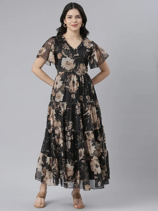 Fashionista Favorites Neeru's Black Flared Casual Floral Dresses