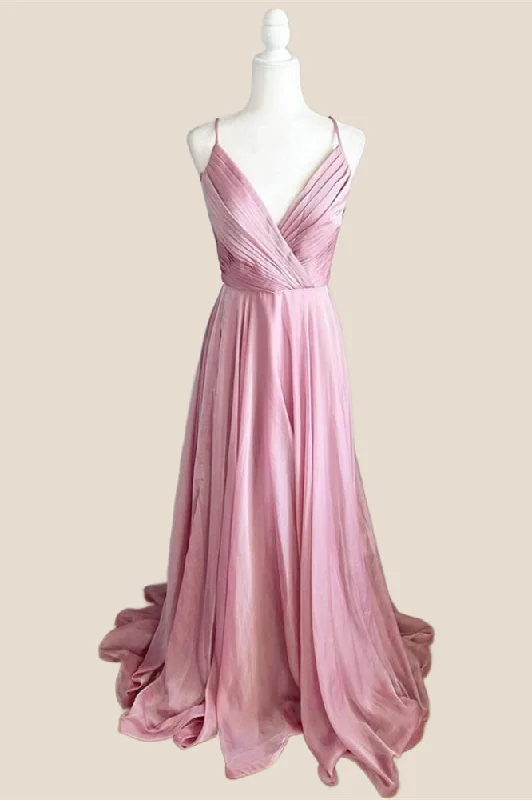 End - Of - Month Blowout Pleated Pink V Neck Satin Long Party Dress