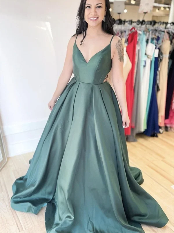 Final Clearance A Line V Neck Backless Green Satin Long Prom Dresses, Open Back Green Formal Dresses, Green Evening Dresses