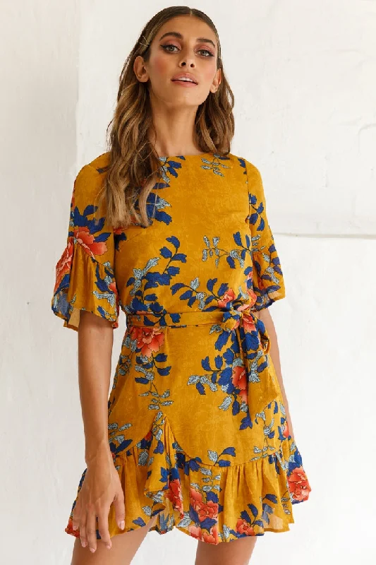 Great Prices On Feminine Styles Azealia Floral Wrap Dress Mustard