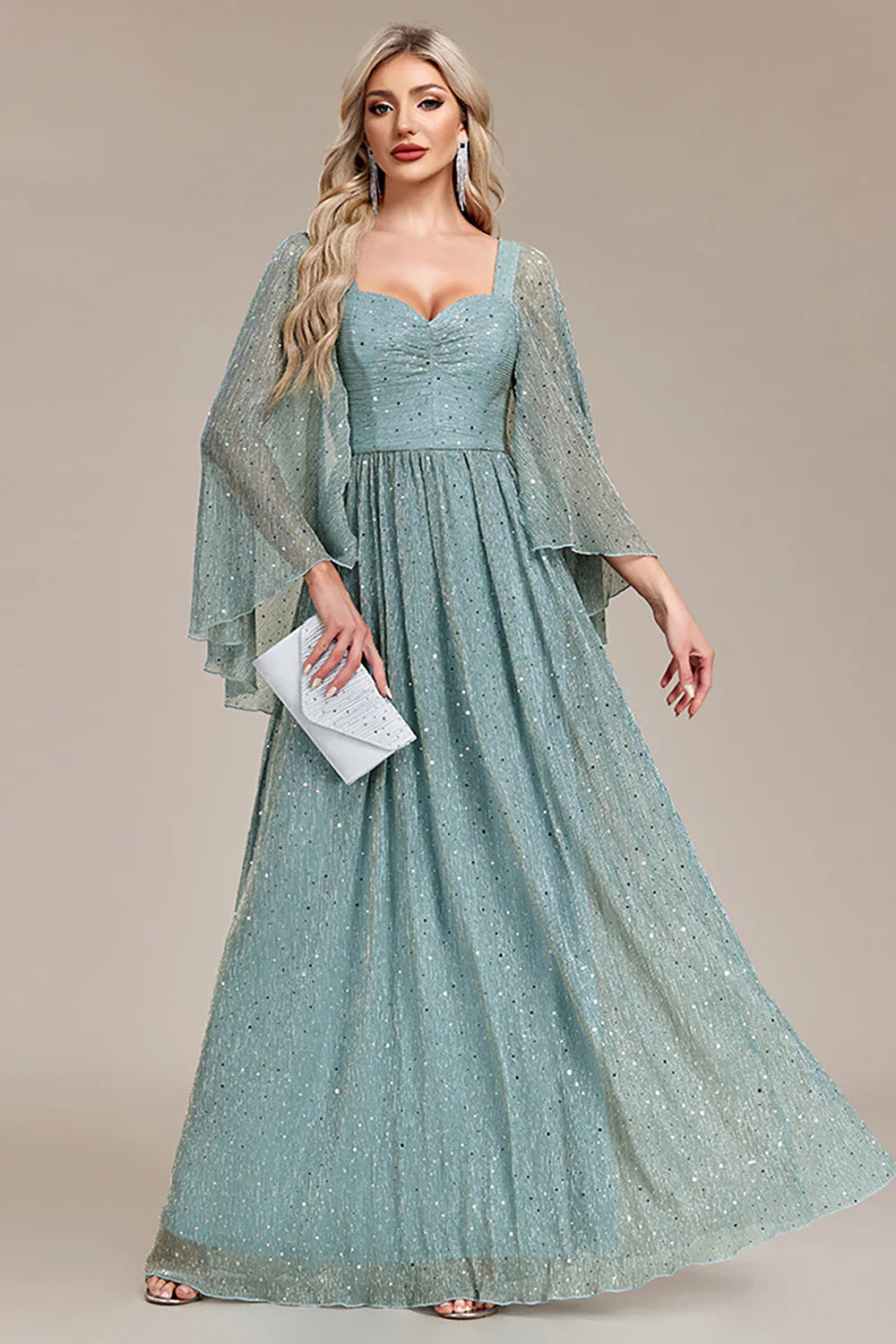 Final Clearance Long Sleeves Green Sparkly Tulle Prom Dress A Line Mother of the Bride Dress