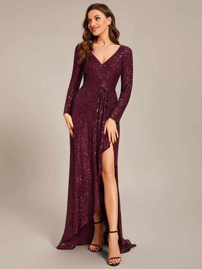 Day-To-Night Styles Sequin Long Sleeve V-neck Asymmetrical Hem Evening Dress