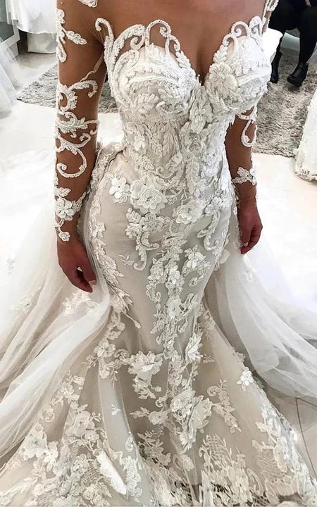 Weekend Special Sophisticated Long Sleeve Illusion Mermaid Applique Sweetheart Wedding Dress