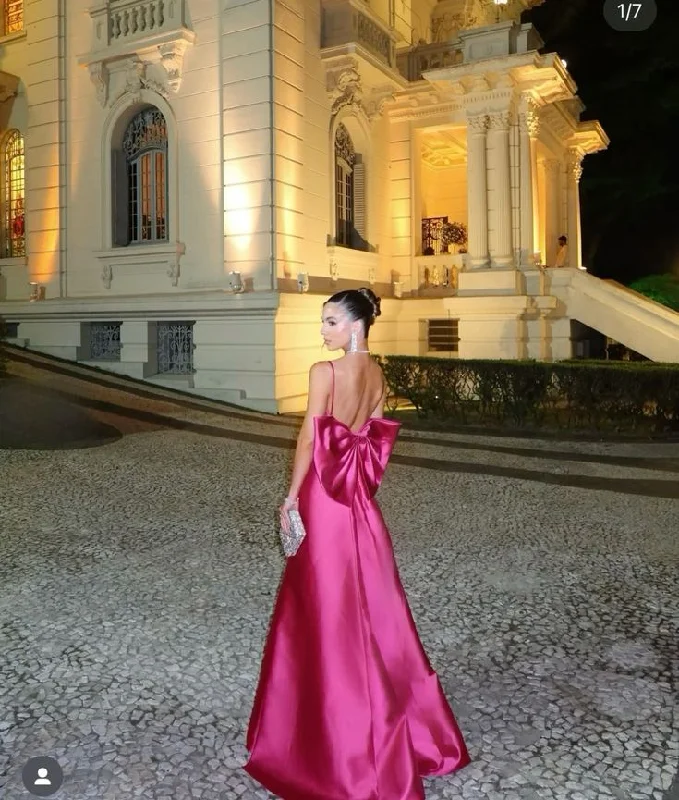 Save On Classic Elegant Styles Hot Pink V Neck A-Line Bowknot Satin Long Formal Party Dress MD7699