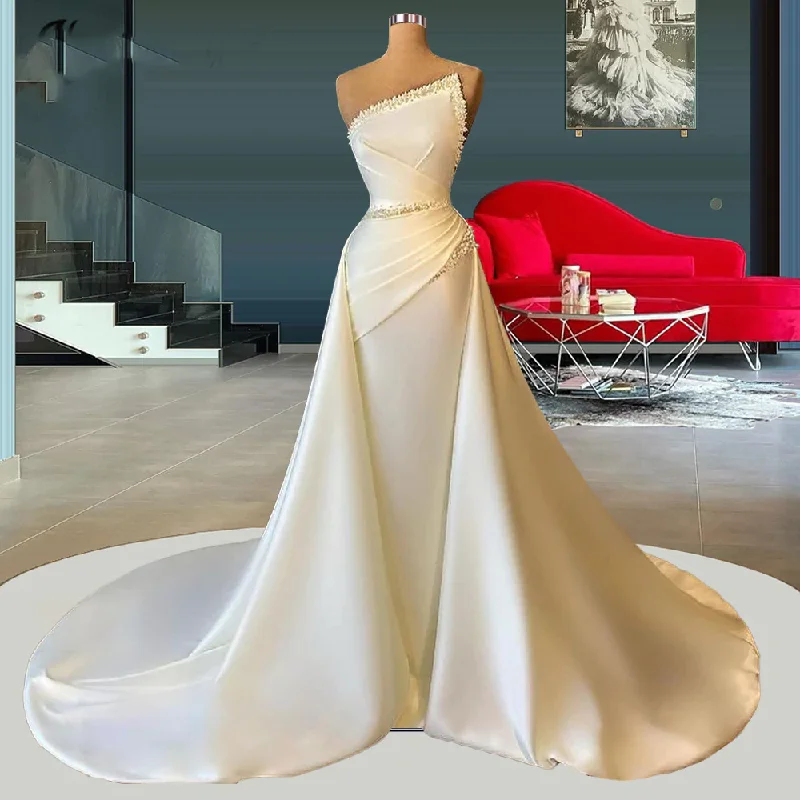 Now On Sale For Chic Urban Styles Graceful Ivory Satin Strapless Pleats With Pearls A-line Evening Gowns Prom Dresses M5898