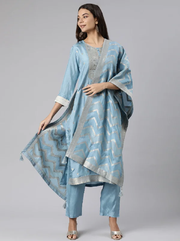 Feminine Soft - Hued Styles Neeru's Blue Regular Straight Floral Kurta And Trousers With Dupatta