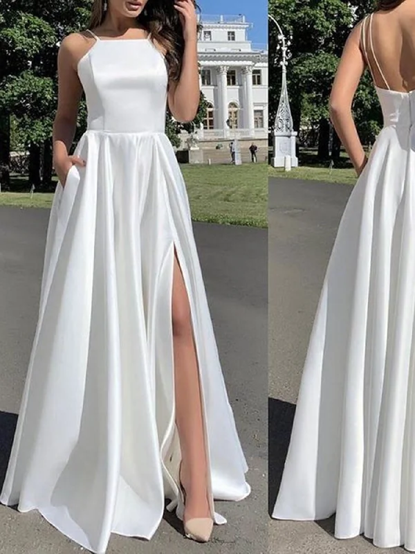 Chic Styles Simple Open Back White Satin Long Prom Dresses with High Slit, Long White Formal Graduation Evening Dresses SP2213