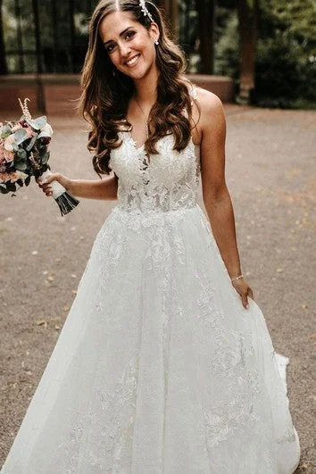 Fashion-Forward Outfits Modern V-neck Lace A Line Floor-length Court Train Sleeveless Wedding Dress with Appliques