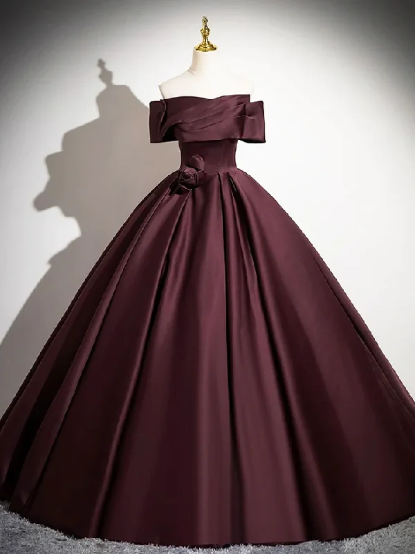 Boho - Chic Festival - Ready Style Dark Burgundy Satin Elegant A-Line Off Shoulder Evening Gown Formal Party Dress MD7178