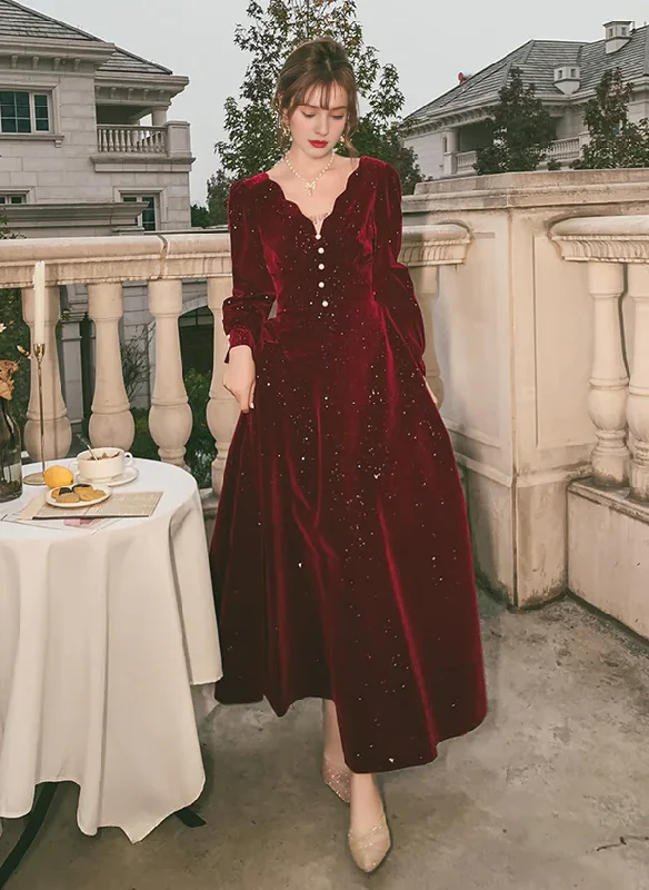 Flash Sale Velvet Long Sleeves Party Dress V-neckline Prom Dress Evening Dress