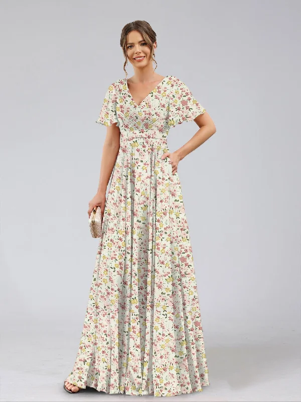 Cottagecore Rustic Charm Style A-Line/Princess V-Neck Short Sleeves Ruched Floral Bridesmaid Dresses