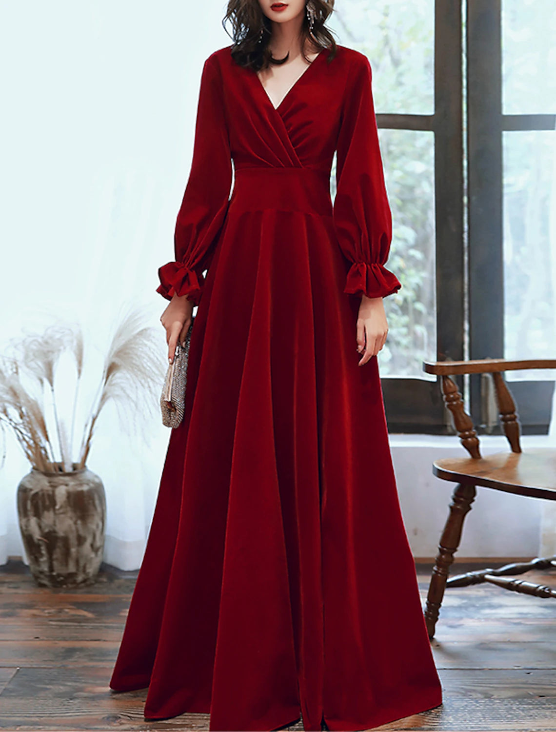 Discounts On Casual Weekend Styles A-Line Minimalist Elegant Engagement Formal Evening Dress V Neck Long Sleeve Floor Length Velvet with Pleats Ruffles