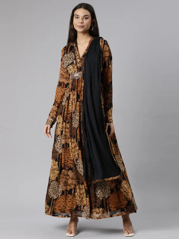 Holiday Sale Neeru's Gold Flared Casual Floral Dresses