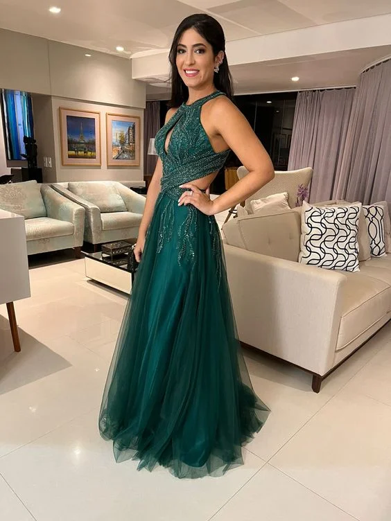 Last Chance Sale Green A-line Tulle Evening Dress,Green Prom Gown Y5650