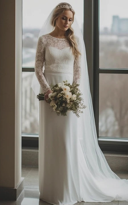 Chic Style Elegant Scoop-neck Lace Long Sleeve Chiffon Empire Wedding Dress