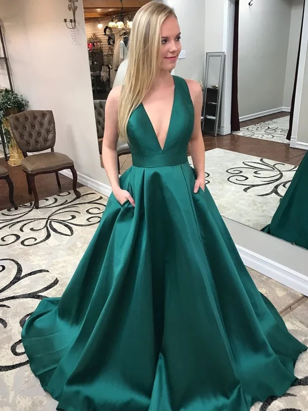 Grab Romantic Date - Night Styles Now V Neck Open Back Green Satin Long Prom Dresses with Pocket, V Neck Green Formal Evening Dresses