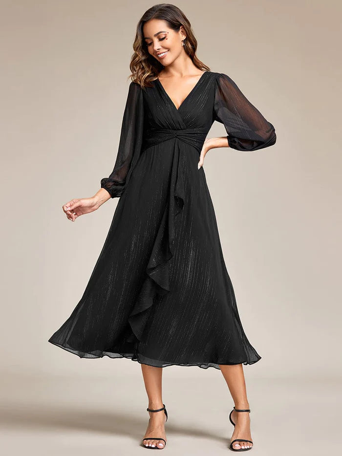 Seasonal Trends Shimmering Long Sleeve V-Neck Chiffon Twist Knot A-Line Evening Dress