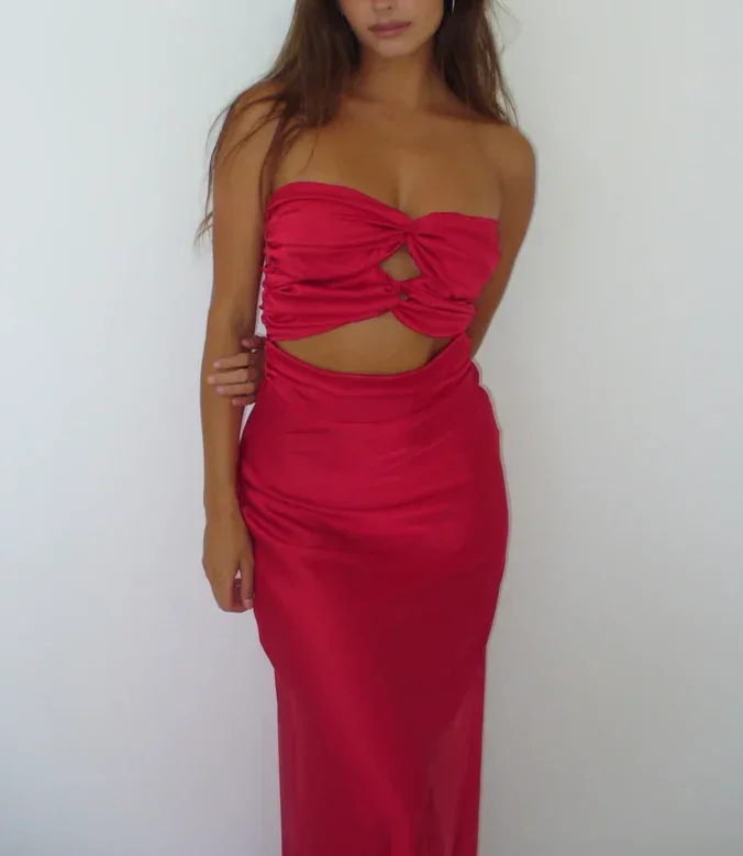 Fashion Sale Pretty Red Strapless Sheath Satin Long Party Dress Birthday Outfits MD7608