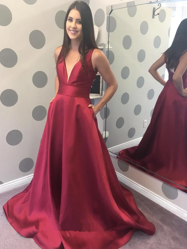 Limited-Time Offer A Line V Neck Burgundy Satin Long Prom Dresses with Pocket, V Neck Burgundy Formal Graduation Evening Dresses SP2179