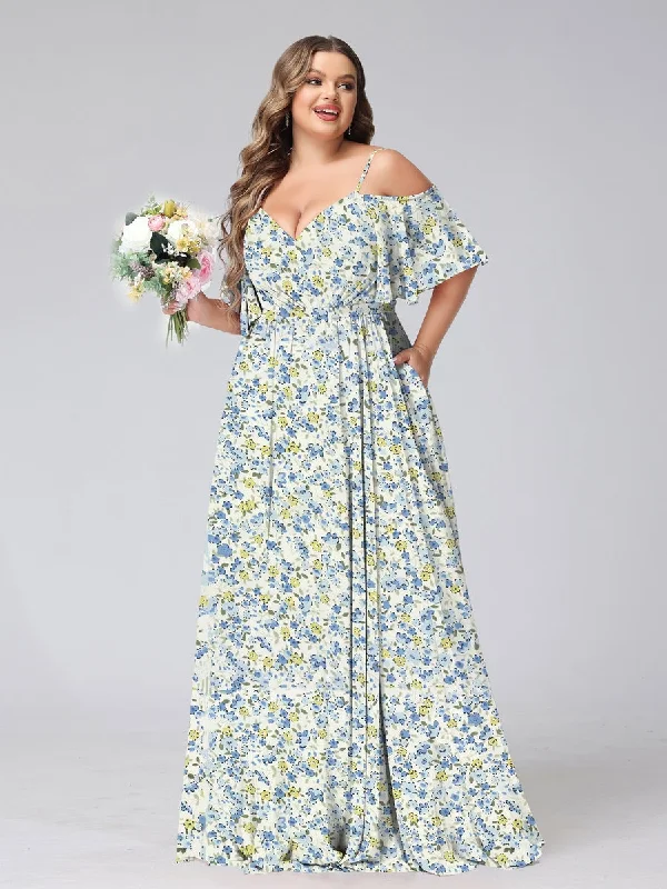 Discounts On Casual Weekend Styles A-Line/Princess Cold Shoulder Short Sleeves Ruched Plus Size Floral Bridesmaid Dresses