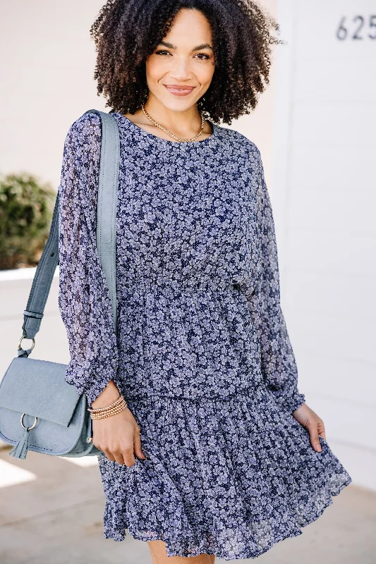 Elegant Style It's A New Day Navy Blue Ditsy Floral Dress