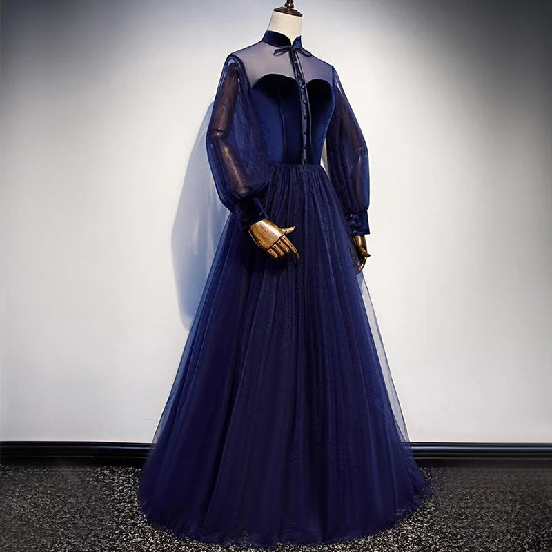 Discounts On Casual Weekend Styles Navy Blue Long Sleeves Velvet Top Lace-up Back A-line Tulle Long Prom Dress, PD3286