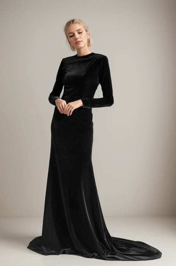 Great Prices On Feminine Styles Elegant Long sleeves Boat Neck crisscross Back Velvet Dress with Train