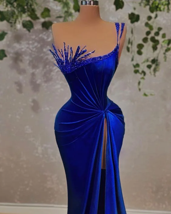 Limited - Edition Drops Glamorous Royal Blue Velvet Evening Dress, Unique Design Straps Evening Gown With High Split Y719