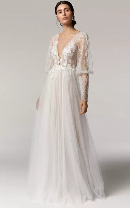 Grab Romantic Date - Night Styles Now Plunged Neck Illusion Puff Long Sleeve Tulle A-line Wedding Dress with Sweep Train