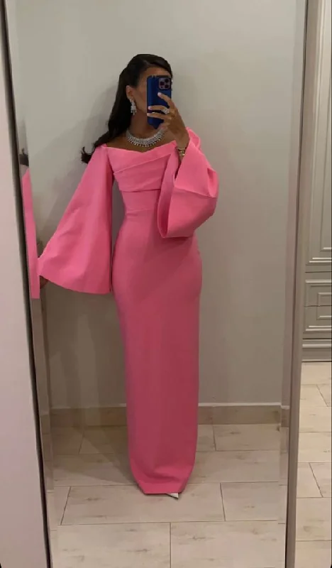 Pastel Styles Pink Sheath/Column Evening Gown Long Sleeves,Pink Prom Dress Y6039