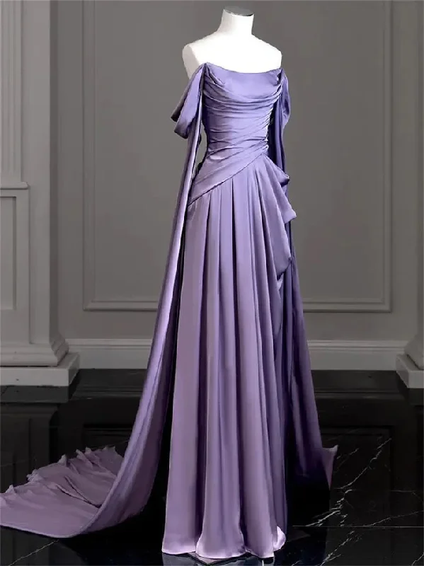 End Of Season Sale Elegant Purple Off Shoulder A-Line Satin Long Formal Party Dress MD7350