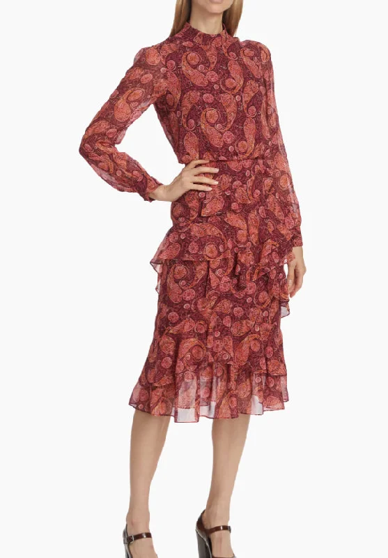 Seasonal Fashion Saloni Women's Silk Georgette Midi Dress 2025-Ruby Paisley