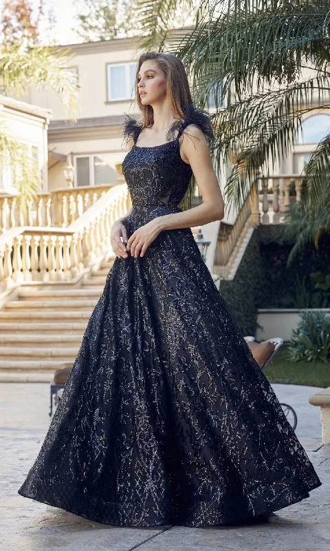 Boho - Chic Festival - Ready Style Feathered-Cap-Sleeve Long Sequin Prom Ball Gown 297